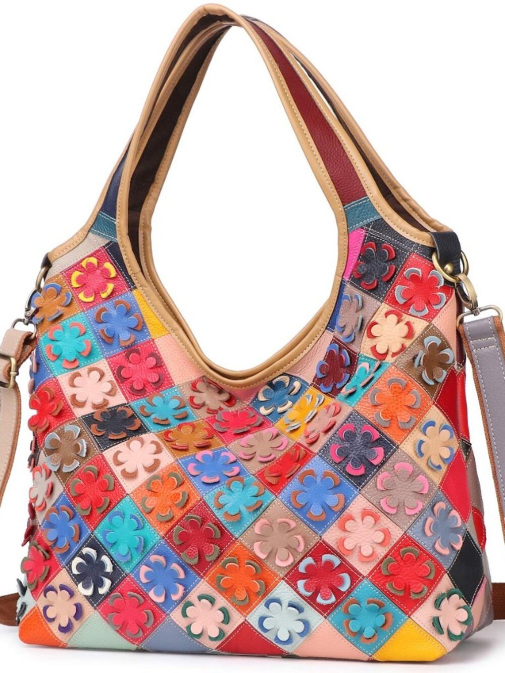 Women Multicoloured Handbag Leather Hollow Stitching Shoulder Satchel Purse Tote